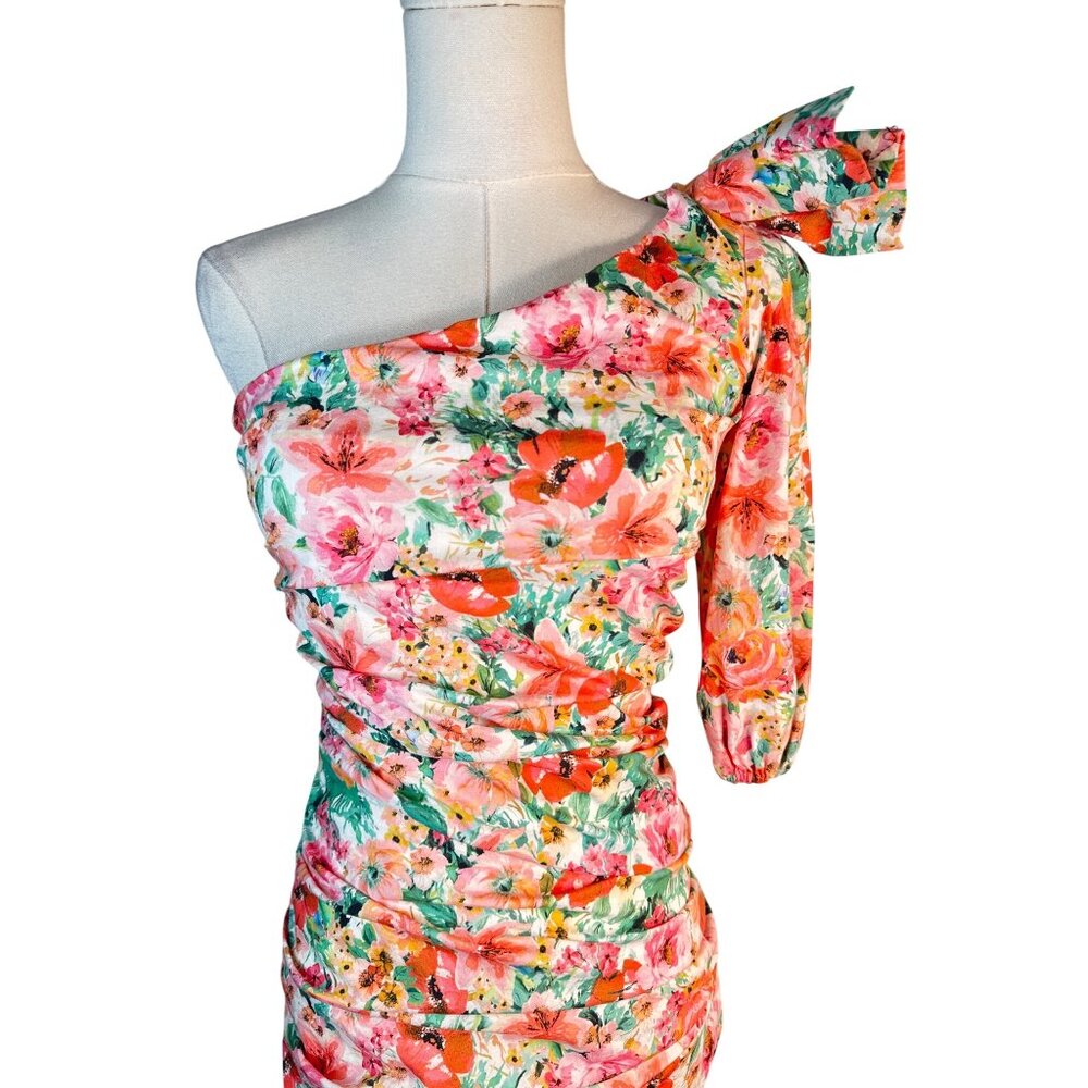 ZARA Floral One-Shoulder Ruched Mini Dress With Bow Detail - Picture 8 of 12